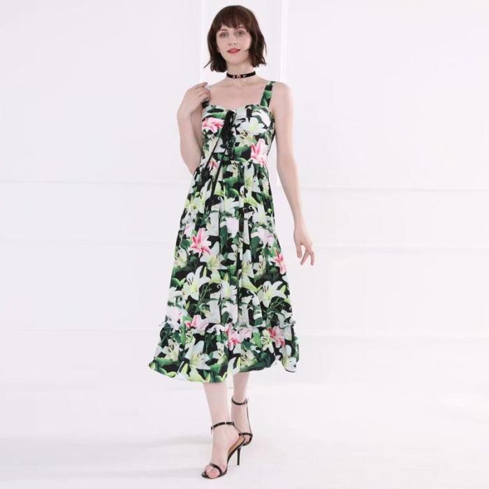 お気にいる ワンピース ユリ柄フリル編上げコルセットキャミソールふんわりaラインロングワンピース グリーン 緑 ホワイト 白 お嬢様 大人 最安値 Sagamorepub Com