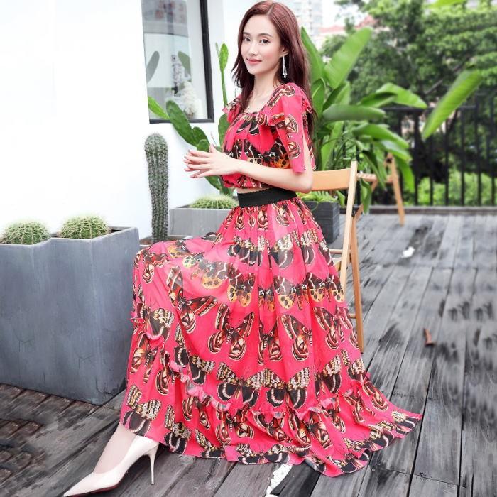 注目ブランド ワンピース バタフライ柄ノースリーブリボンシフォンフリルトップスロングスカートセットアップ レッド 赤 ブラック 黒 お嬢様 大人 保存版 Www Muslimaidusa Org