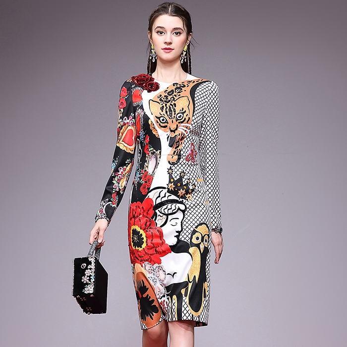 ワンピース 送料無料 ヒョウ柄 花柄スパンコールビーズビジュー長袖タイトライン膝丈ワンピース ホワイト 白 レッド 赤 お嬢様 大人 Supersport Tn