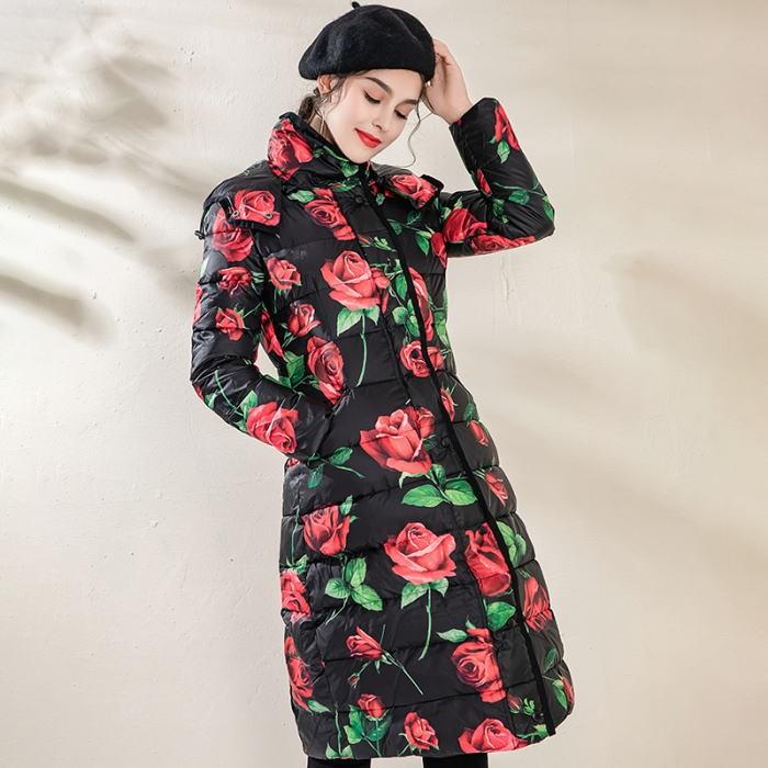 速達メール便送料無料 ダウンコート 送料無料 バラ柄スタンドカラーフード長袖付きロング丈ダウンコート ブラック 黒 レッド 赤 お嬢様 大人 女優 レディース きれいめ 驚きの値段 Toscelikspecialsteel Com