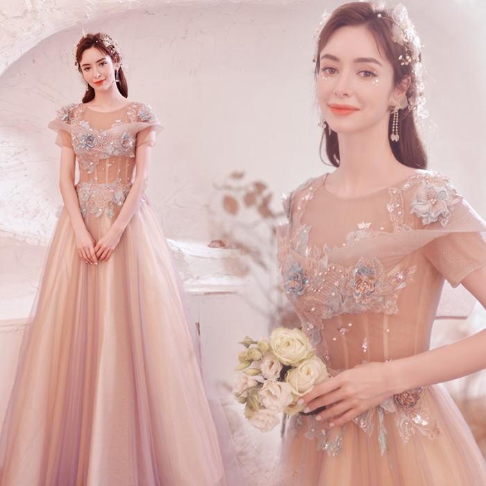 セットアップ チュール ラメ Angel スパンコール パーティードレス ドレス ロング ピンク ロングドレス Aライン 背中編上げ 半袖付き パール パニエ サイズ L Hqpt Com