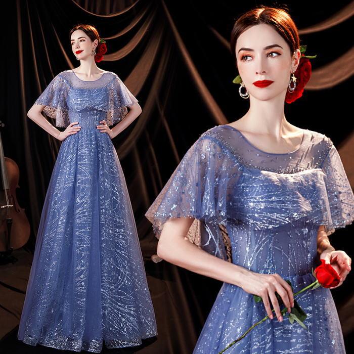 肌触りがいい 水色 ブルー ロングドレス Aライン 背中編上げ 半袖付き ビーズ スパンコール チュール ラメ Angel ロング パーティードレス ドレス パニエ サイズ L Hqpt Com