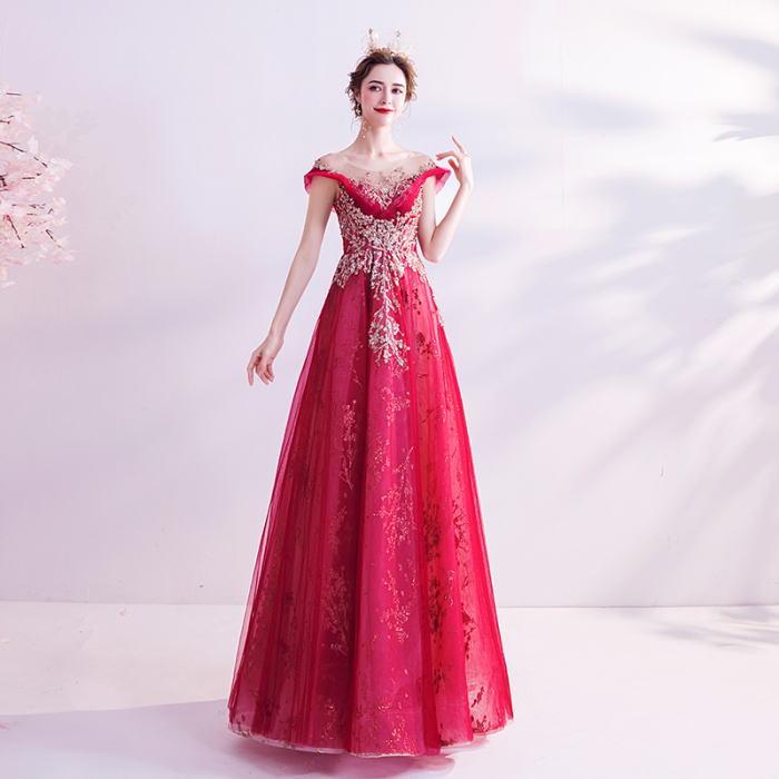 ANGEL オフショルダー 肌透け ラメ チュール ビーズ 半袖付き 背中編上げ Aライン ロングドレス レッド 赤 ロング ドレス パーティードレス | 