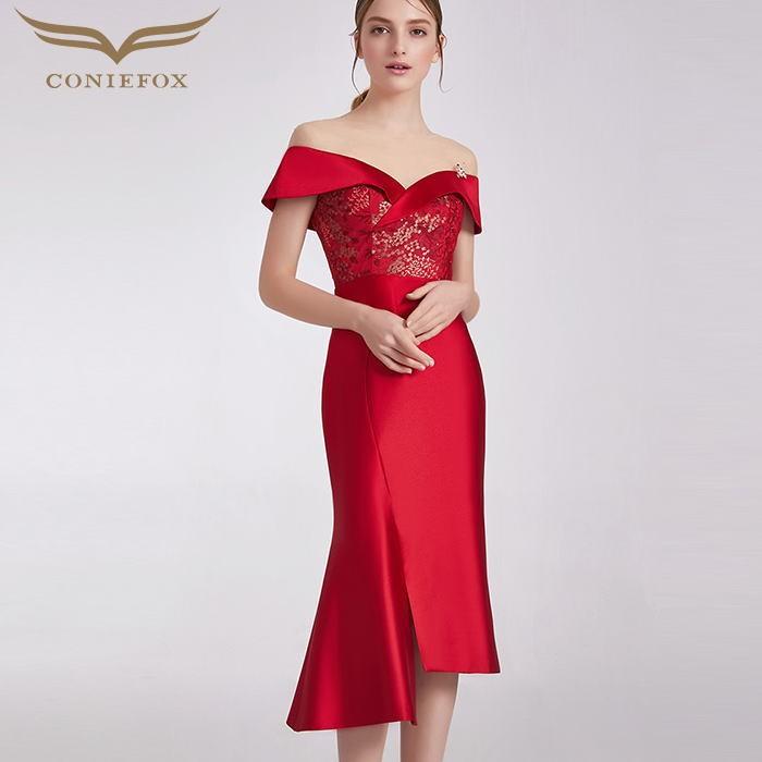 春夏新作モデル Coniefox 高品質 オフショルダー刺繍ブローチ半袖付きスリットアシンメトリーマーメイドタイトライン膝丈ドレス レッド 赤 ワンピース ミディア Precisionboard Com