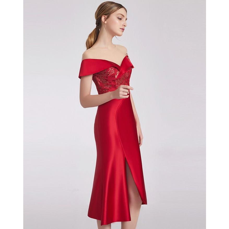春夏新作モデル Coniefox 高品質 オフショルダー刺繍ブローチ半袖付きスリットアシンメトリーマーメイドタイトライン膝丈ドレス レッド 赤 ワンピース ミディア Precisionboard Com