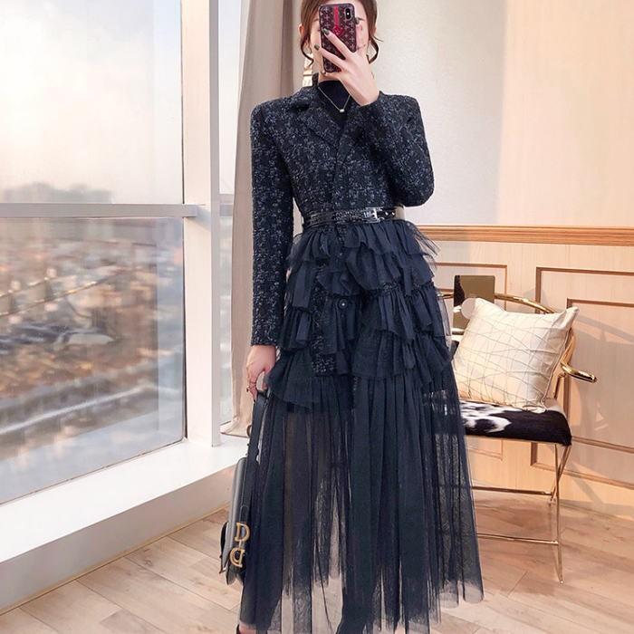 ワンピース ラメツイードテーラードカラーベルトチュールフリル長袖付きaラインロングワンピース ネイビー 紺色 上品 韓国 ファッション レディース Www Kiambuassembly Go Ke