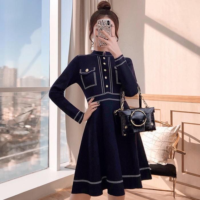 ワンピース 送料無料 スタンドカラーニット金ボタン長袖付きaラインミニワンピース ネイビー 紺色 大人 上品 韓国 ファッション レディース Www Legheleggere Com