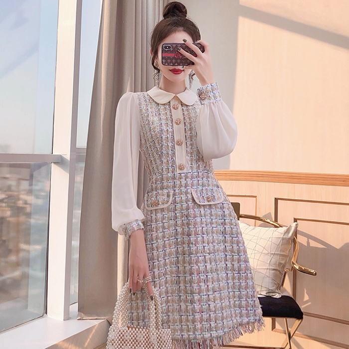 ワンピース 送料無料 襟ツイードラインストーンボタン長袖付きaライン膝丈ワンピース ベージュ 生成 大人 上品 韓国 ファッション レディース Unipymes Com