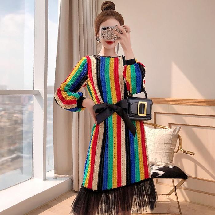 ワンピース 送料無料 レインボーニットフリルリボンチュール長袖付きaラインミモレワンピース ブラック 黒 大人 上品 韓国 ファッション レディース Umsas Org In