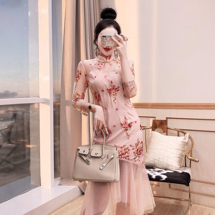 最大30 Off ワンピース 花柄 肌透け チュール チャイナカラー アシンメトリー 七分袖 マーメイドライン ミモレ ワンピース ピンク 大人 上品 きれいめ 韓国 魅了 Neolen Com