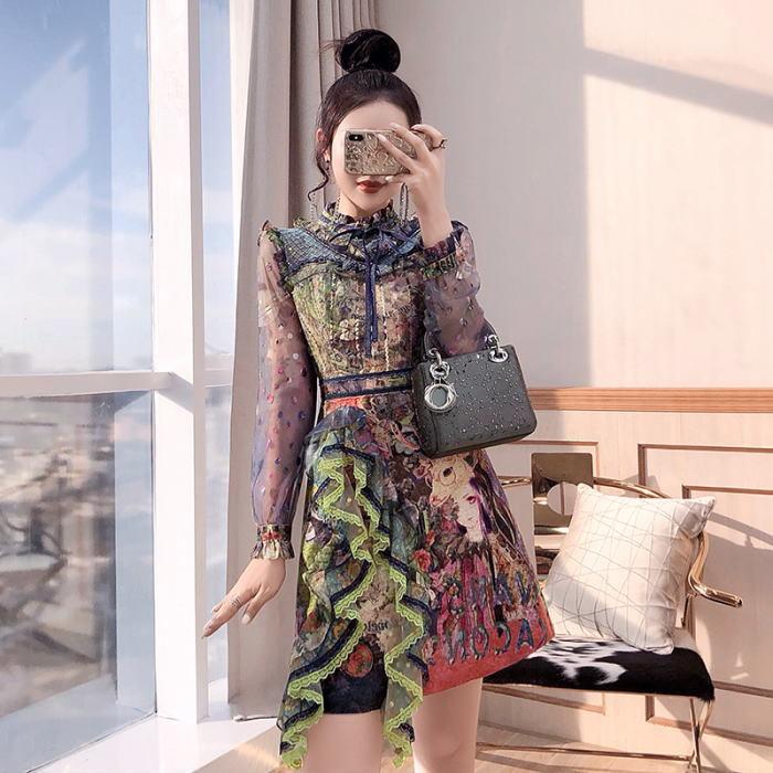 60 Off ワンピース アニメ柄 スタンドカラー ラメ シフォン レース フリル スパンコール リボン 長袖 Aライン ミニ ワンピース グリーン 緑 ブルー 青 史上最も激安 Neolen Com