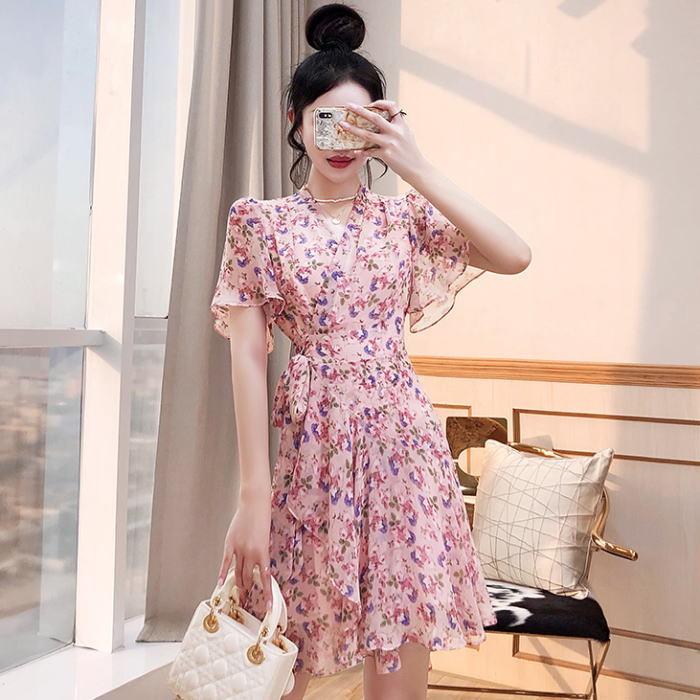 日本製 ワンピース 花柄 シフォン カシュクール フリル リボン 半袖 Aライン ミニ ワンピース ピンク 大人 上品 きれいめ 韓国 ファッション レディー パニエ サイズ S Populationmalawi Org