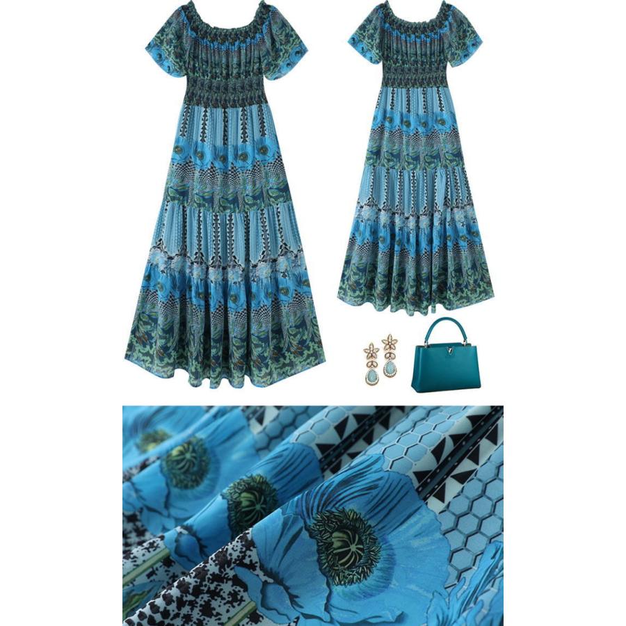 最先端 Aライン 半袖 オフショルダー シフォン 花柄 ワンピース ロング レデ ファッション 韓国 きれいめ 上品 大人 赤 レッド 青 ブルー ワンピース パニエ サイズ M