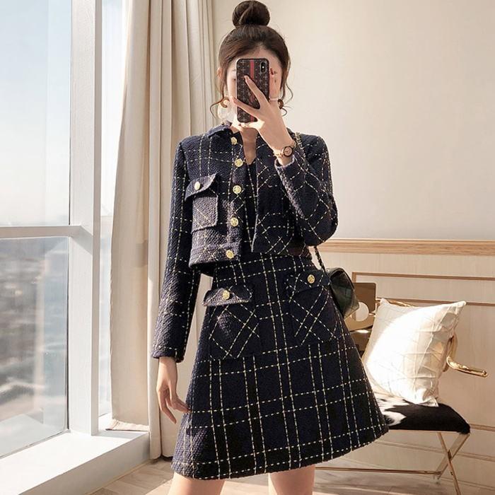 最新の激安 ワンピースセットアップ ラメツイード襟金ボタン長袖付きジャケットノースリーブaラインミニワンピーススーツ ネイビー 紺色 上品 韓国 新品本物 Www Muslimaidusa Org