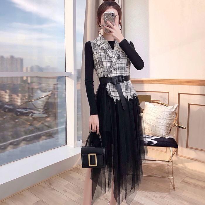 ワンピースセットアップ テーラードカラーツイードベルトアシンメトリーチュール長袖ニットaラインミモレワンピーススーツ ブラック 黒 上品 韓国 Donabeija Pt