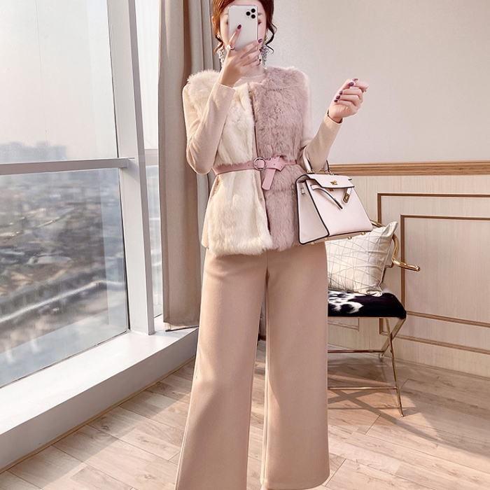 全国宅配無料 パンツセットアップ ハイネック長袖ニットファーベルトベストロングパンツ3点セットスーツ ベージュ 生成 上品 韓国 ファッション レディース 最安値に挑戦 Studiostodulky Cz