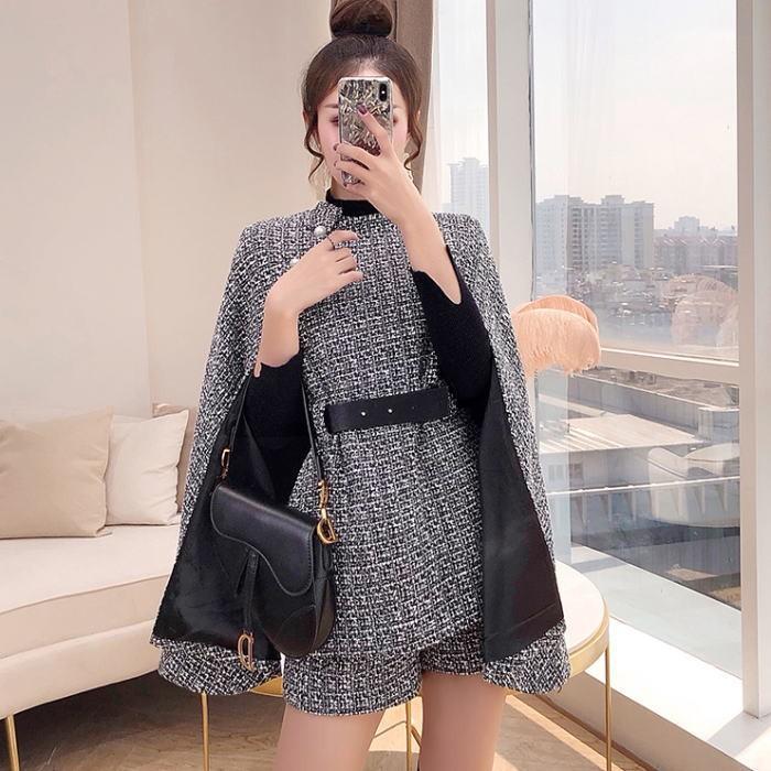 ショートパンツセットアップ スタンドカラーツイードパールベルト袖付きマントジャケットショートパンツスーツ ブラック 黒 上品 韓国 Olhodaguadocasado Al Gov Br