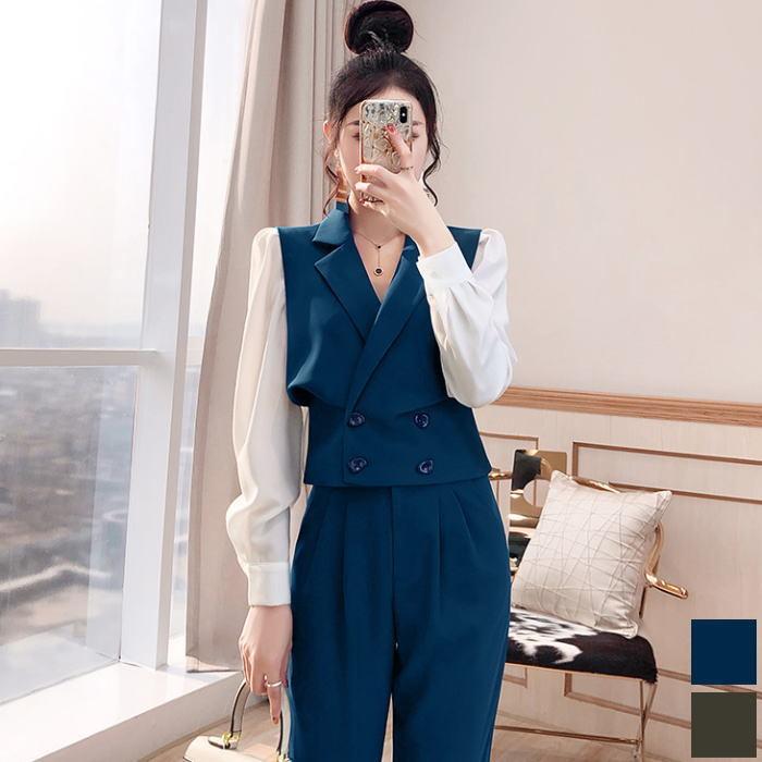 お洒落無限大 ロングパンツセットアップ テーラードカラー ボタン 長袖 トップス ハイウエスト ロングパンツ ブルー 青 カーキ 緑 スーツ 大人 上品 きれいめ 被り心地最高 Nohearseeno Info
