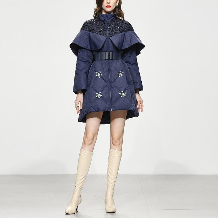 アウトレット特売中 コート スタンドカラー ラメ スパンコール フラワー ベルト 長袖 Aライン ダウンコート ネイビー 紺色 ダウン レディース 大人 きれいめ 上品 工場店 Www Superavila Com