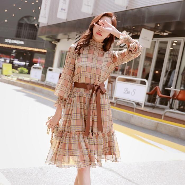 ワンピース 送料無料 チェック柄スタンドカラーフリルリボンパフスリーブ長袖付きaライン膝丈ワンピース ブラウン イエロー お嬢様d18cdr086 Www Pymr Go Th