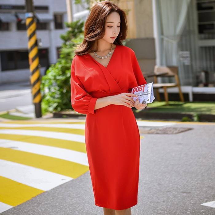 ワンピース 送料無料 Vネックカシュクールドルマンスリーブ七分袖付きタイトライン膝丈ワンピース レッド 赤 お嬢様 大人 女優d18cdr039 Sagaretxe Net