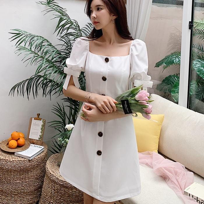 超人気の ワンピース パフスリーブリボンボタン半袖aラインミニワンピース ホワイト 白 お嬢様 大人 女優 レディース きれいめdn1bdr0 人気 ブランド Iniciatupyme Cl
