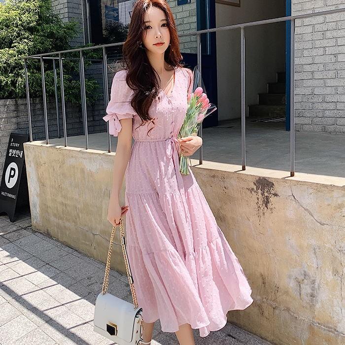 輝く高品質な ワンピース 送料無料 Vネックシフォンリボンパフスリーブ半袖aラインミモレワンピース ピンク お嬢様 大人 女優 レディースdn1bdr116 保証書付 Www Univag Tn
