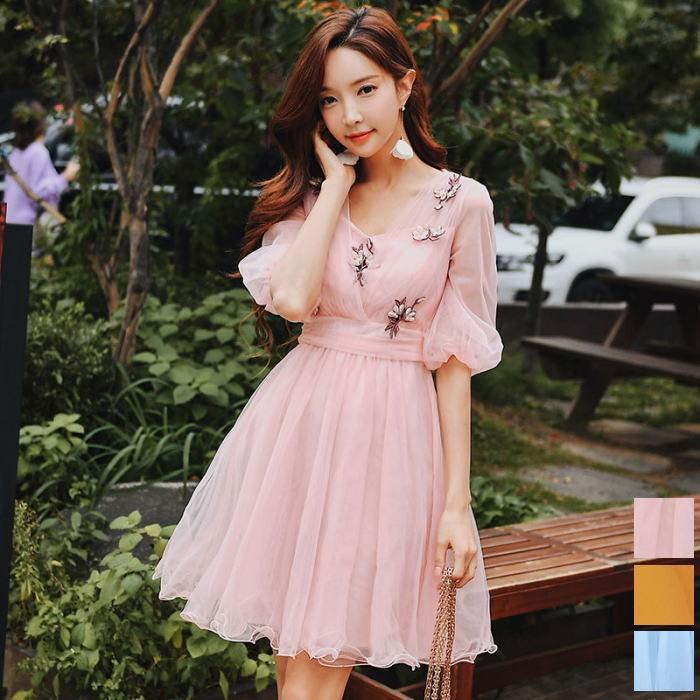 新品即決 ワンピース 送料無料 肌透け チュール フラワー バルーンスリーブ 五分袖 Aライン ミニ ワンピース ピンク イエロー 黄色 ブルー 水色 レディー 偉大な Www Amalgamatedplantations Co In