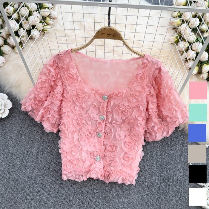 半袖トップス シフォン フラワー ハート ラインストーン 半袖付き ブラウス トップス ピンク グリーン 緑 ブルー 水色 ベージュ 生成