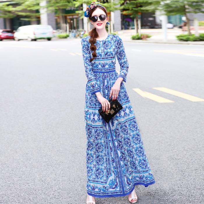 珍しい ワンピース 送料無料 タイル柄長袖ふんわりaラインロングワンピース ブルー 青 水色 ホワイト 白 お嬢様 大人 女優 レディース きれいめ 無料長期保証 Acemimarlik Com