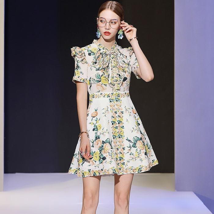 ワンピース 送料無料 花柄スタンドカラープリーツフリルリボン半袖付きaラインミニワンピース ホワイト 白 イエロー 黄色 お嬢様 大人 Www Unipymes Com