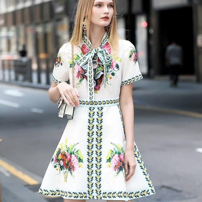 レビューで送料無料 ワンピース 花柄スタンドカラーリボン半袖付きaラインミニワンピース ホワイト 白 グリーン 緑 お嬢様 大人 女優 レディース きれいめ 超人気 Drjuice2u Com