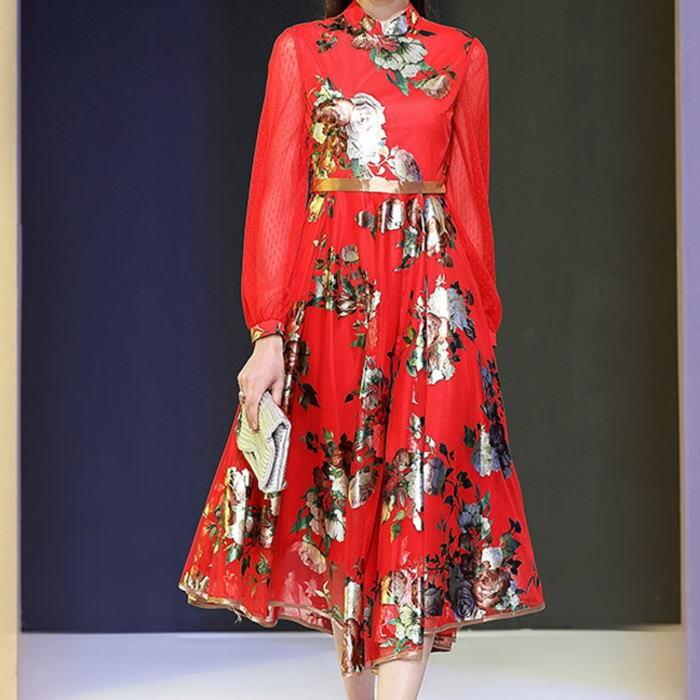 メーカー包装済 ワンピース 花柄 チャイナカラー 肌透け ドット チュール 長袖 Aライン ミモレ ワンピース フレア レッド 赤 セレブ 大人 女優 レディース 初回限定 Huongnghiepaau Edu Vn