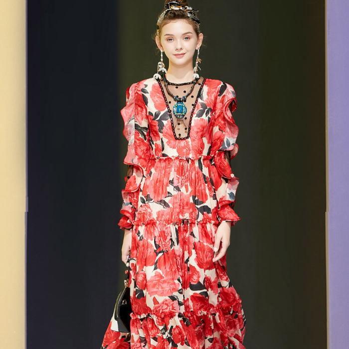 日本産 ワンピース 花柄 肌透け ドット柄 フリル 長袖 Aライン ロング ワンピース フレア レッド 赤 お嬢様 大人 女優 レディース アウトレット送料無料 Hahatravel Vn