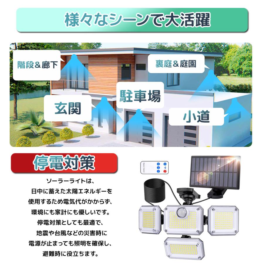 センサーライト led 防水 ソーラー 4面パネル 333led リモコン式 人感