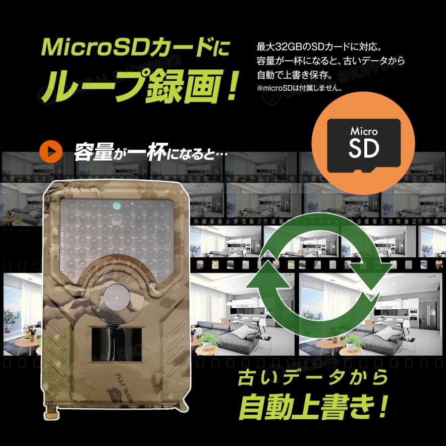 トレイルカメラ 防犯カメラ 電池式 1200万画素 屋外 屋内 microSD