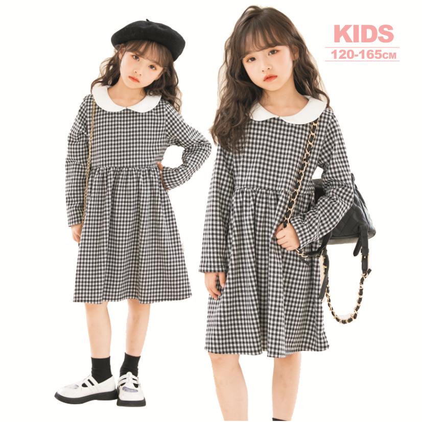 子供ワンピース 発表会 シンプル チェック 子供服 子ども服 こども服 女の子 ガールズ ワンピース 丸襟 キッズ ギンガムチェック フォーマル | 