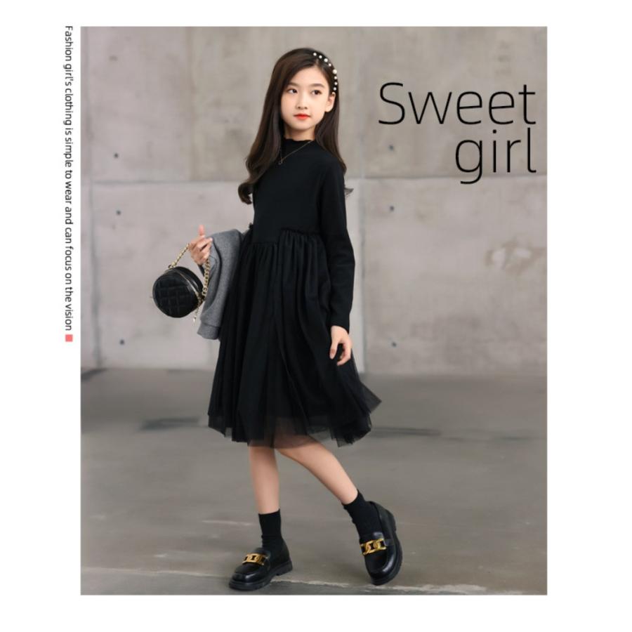 単品 ワンピースのみ 長袖チュールフレアワンピース ブラック グレー 子供ワンピース 子供服 女の子 ワンピース キッズ フォーマル ジュニア  ピアノ発表会SGW |  | 01