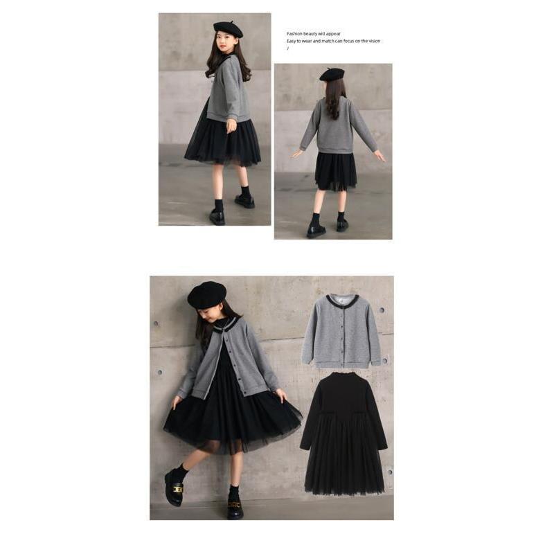 単品 ワンピースのみ 長袖チュールフレアワンピース ブラック グレー 子供ワンピース 子供服 女の子 ワンピース キッズ フォーマル ジュニア  ピアノ発表会SGW |  | 08