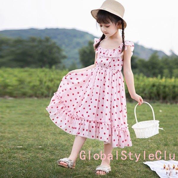 ワンピース 夏服 子供服 シフォンワンピース サンドレス ロング 女の子 ノースリーブ リゾート ドット柄 おしゃれ 子ども服 キッズ ピンク 可愛い 110 160cm 好きに