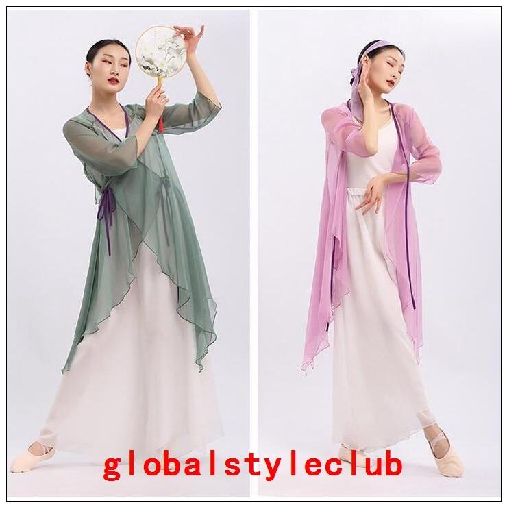 税込 レディース古典ダンス衣装シースルーダンスウェア前開きロング羽織スリット紗ロングカーディガンワイドパンツガウチョパンツ単品 セット選べる Quran Unv Edu Sd
