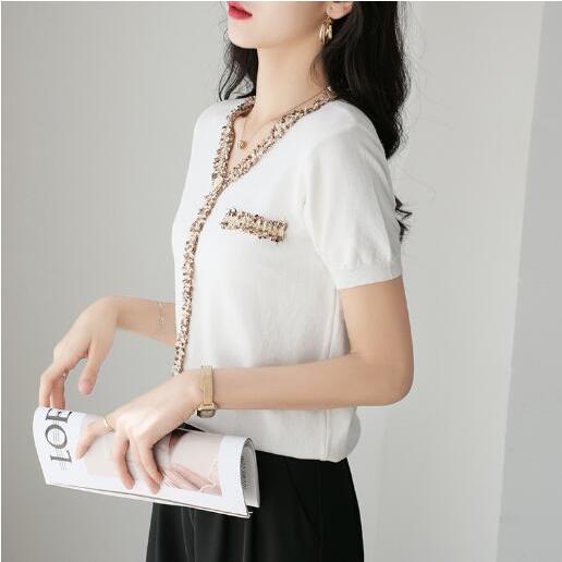 サマーニット レディース 半袖 Vネック カラー きれいめ トップス 母親 67 以上節約 Tシャツ 代30代40代50代 ファッション 4カラー エレガント