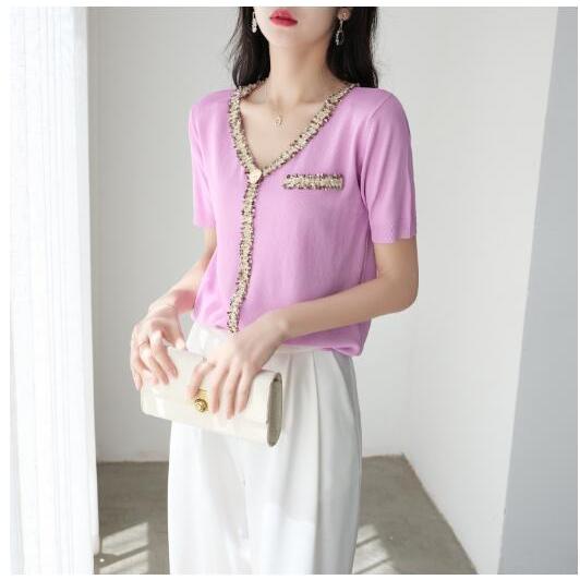 サマーニット レディース 半袖 Vネック カラー きれいめ トップス 母親 67 以上節約 Tシャツ 代30代40代50代 ファッション 4カラー エレガント