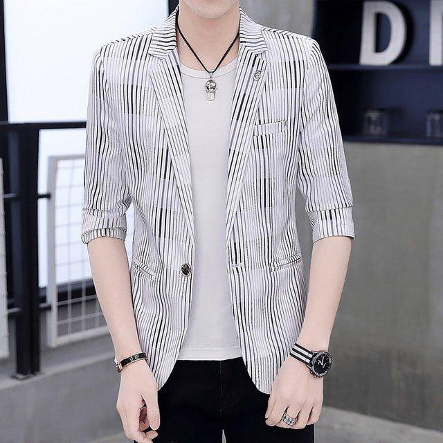 人気新品入荷 ジャケット ストライプ テーラードジャケット メンズ 夏 7分袖 ストライプ テーラードジャケット メンズ 夏 サマージャケット 7分袖 薄手 グレー カジュアル ジャケット ホワイト ブラック ネイビー
