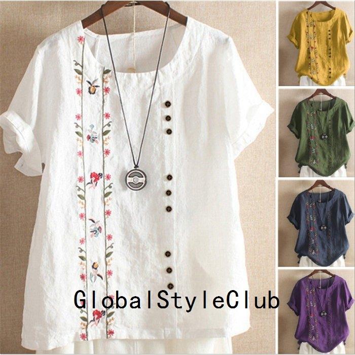 ブラウス 半袖 レディース 綿麻混風 花柄 シャツブラウス トップス ゆったり 大きいサイズ プル
