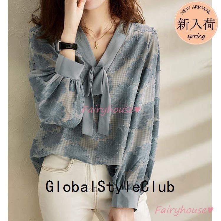 芸能人愛用 リボン 長袖トップス 花柄 オシャレブラウス 春秋 40代 きれいめ レディース ブラウス 上品 50代 シャツ30代 ゆったり 通勤ol 大人 五分 七分袖 サイズ L Divergentes News