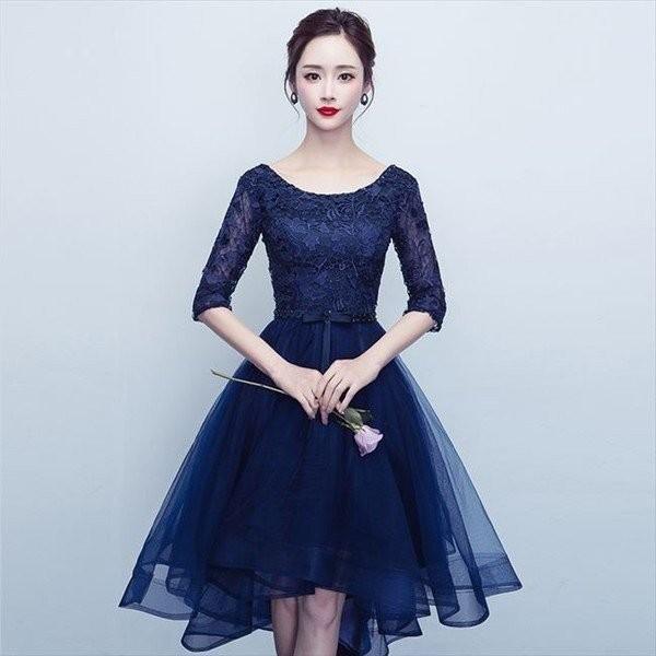 保障できる パーティードレス10代代30代ワンピースフォーマルお呼ばれネイビーレース編み上げ刺繍リボン5分袖ワンピセクシーカラードレス 日本最大級 Studiostodulky Cz