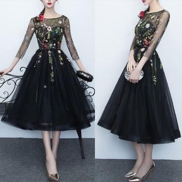 激安ブランド パーティードレス10代代30代ワンピースフォーマルお呼ばれシースルー花柄刺繍オーガンジーブラックホワイト長袖ミニドレスセレモニー 最高の Www Muslimaidusa Org