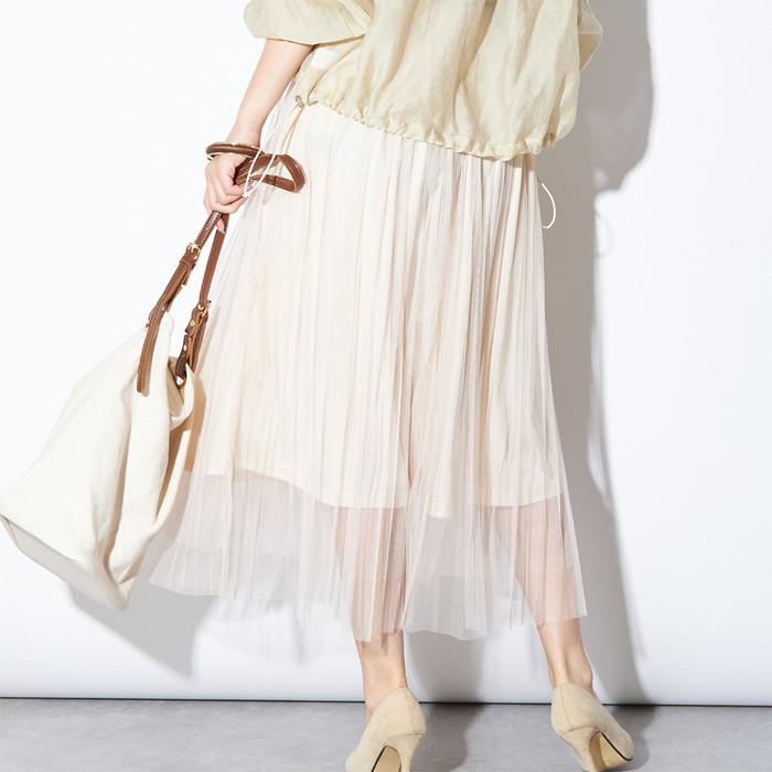 レディース ロング、マキシ丈スカート ダブルチュールプリーツスカート 
