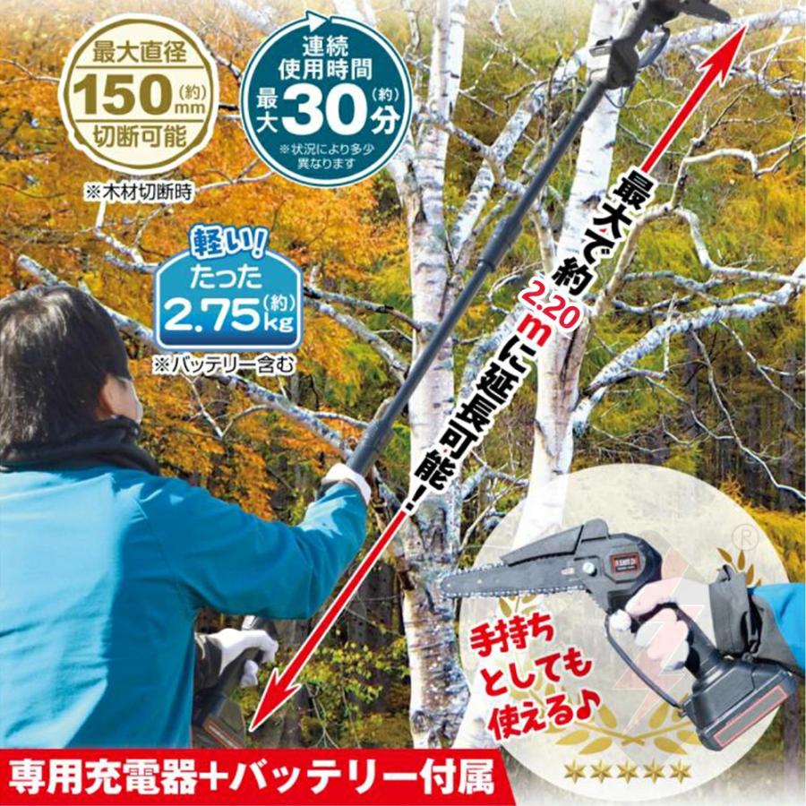 高枝切りチェーンソー 高枝切りバサミ 最長200cm 電動チェーンソー 充電式  高枝切りノコギリ コードレス  着脱式ポール 軽量 木工切断 枝切り 電動のこぎり |  | 02